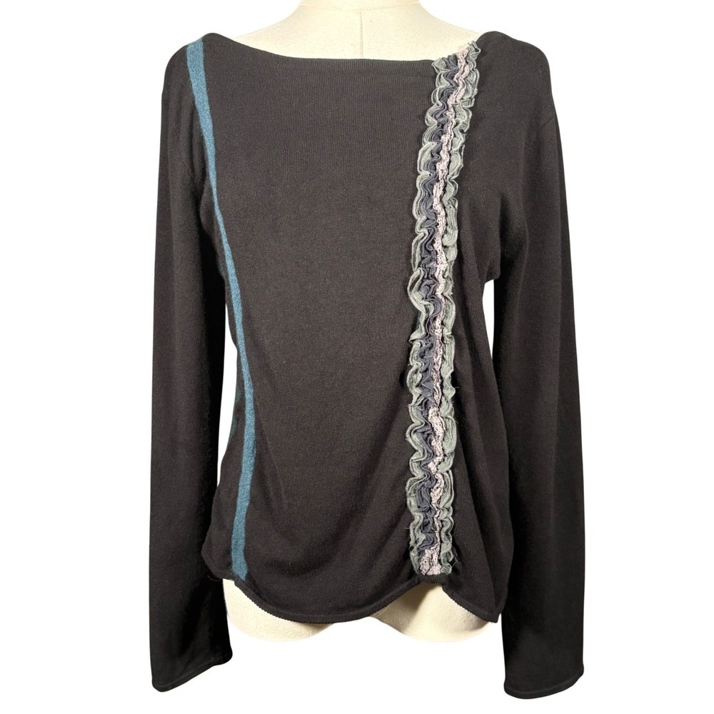 J.Jill Stretch Ruffle Trim Long Sleeve Black Boatneck Top Womens Large